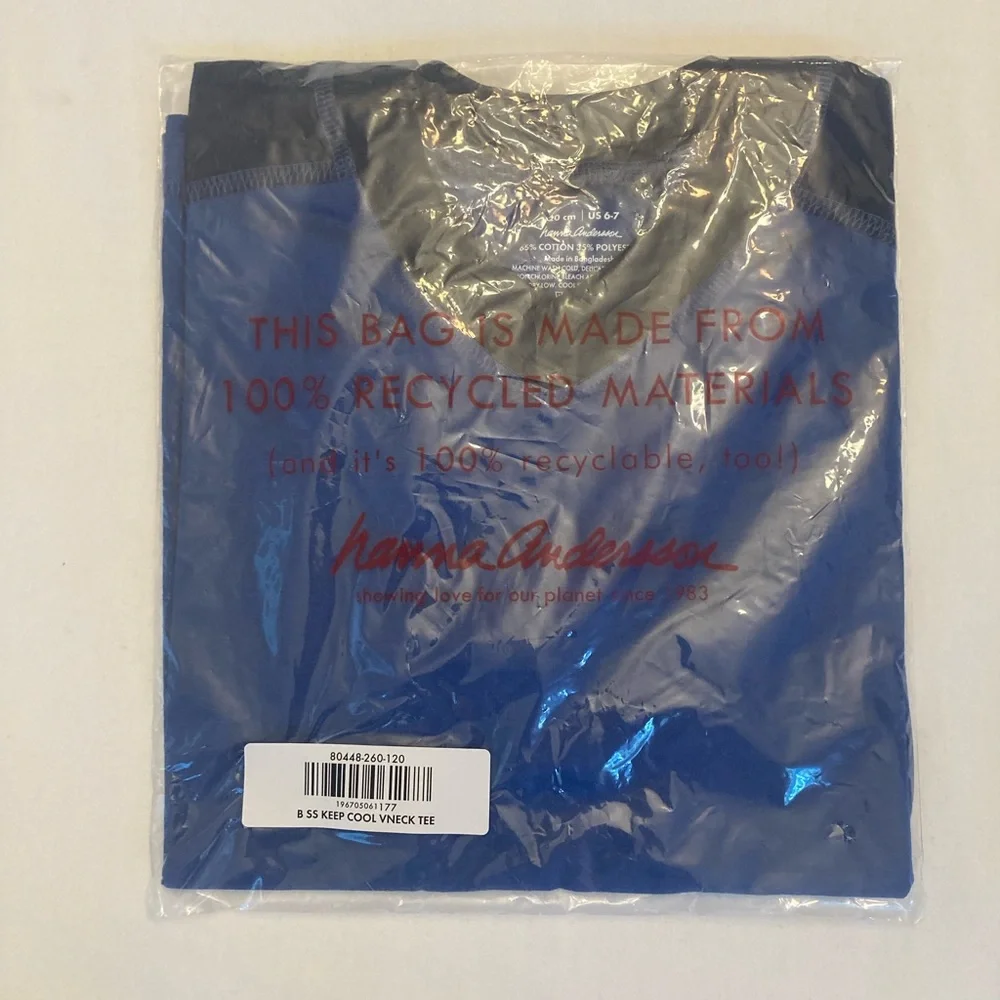 NWT Hanna Andersson Active Made To Cool V-Neck Tee, Size 120 (US 6-7), Lake Blue